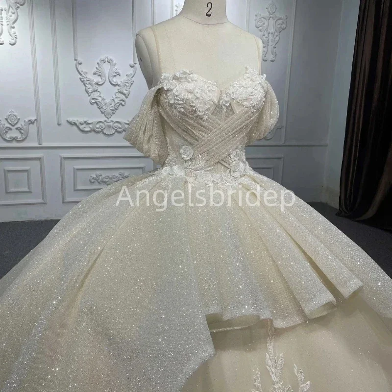 Angelsbride  Light Champagne Glitter Tulle Ball Gown Quinceanera Dresses Appliques Celebrity Sweet 16 Corset Vestidos De 15 Años