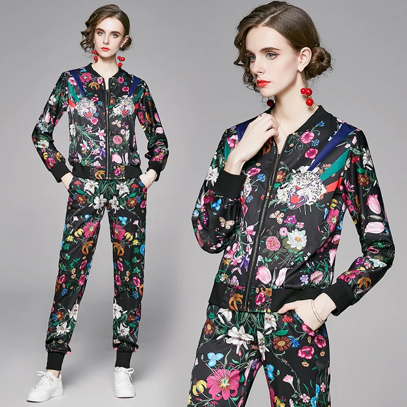 England Stil Print Streetwear Zwei 2-teiliges Set Frauen Damen Trainingsanzug Weibliche Jacke Sweart Hosen Jogger Outfits