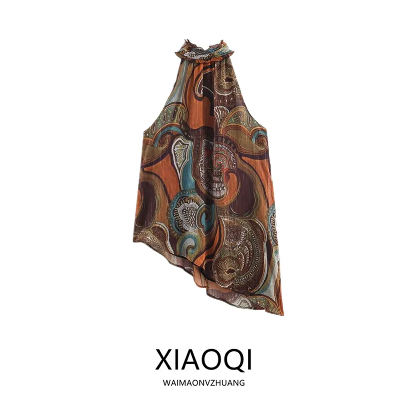 Asymmetric Metal Color Print Women's Top 2025 Winter New Arrival Versatile Loose Fit Abstract Pattern European Style