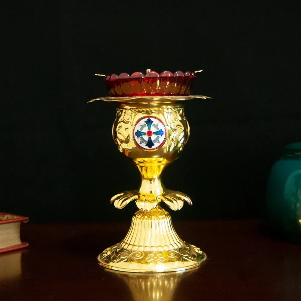 New Orthodox Church Cross Vigil Lamp Gold Plated Religion Decor Church Home Table Candle Stick Candle Holder With Glass Cup Wick