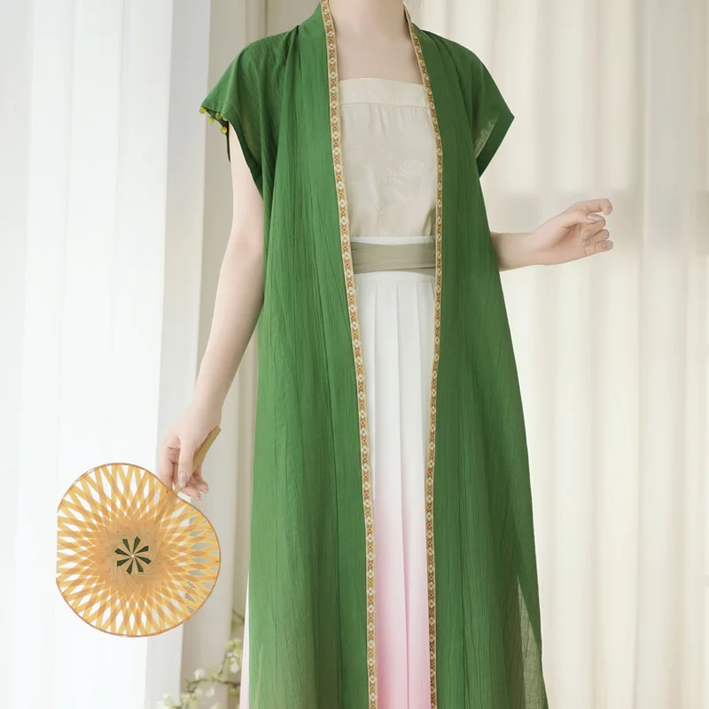 

Женский традиционный костюм Ханьфу: Длинный шелковый жилет и двухцветная юбка с градиентом розового цвета, коллекция Spring Return Infinite SONG Dynas