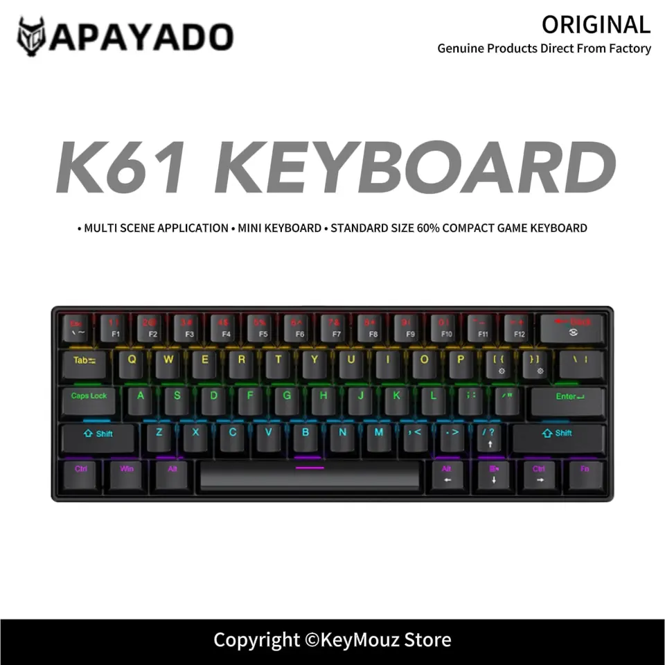 لوحة مفاتيح ميكانيكية مصغرة APAYADO K61، سلكية، 61 مفتاح، إضاءة Phantom RGB، مفاتيح ميكانيكية سوداء/بيضاء حمراء/زرقاء للألعاب، محمولة بنسبة 60%