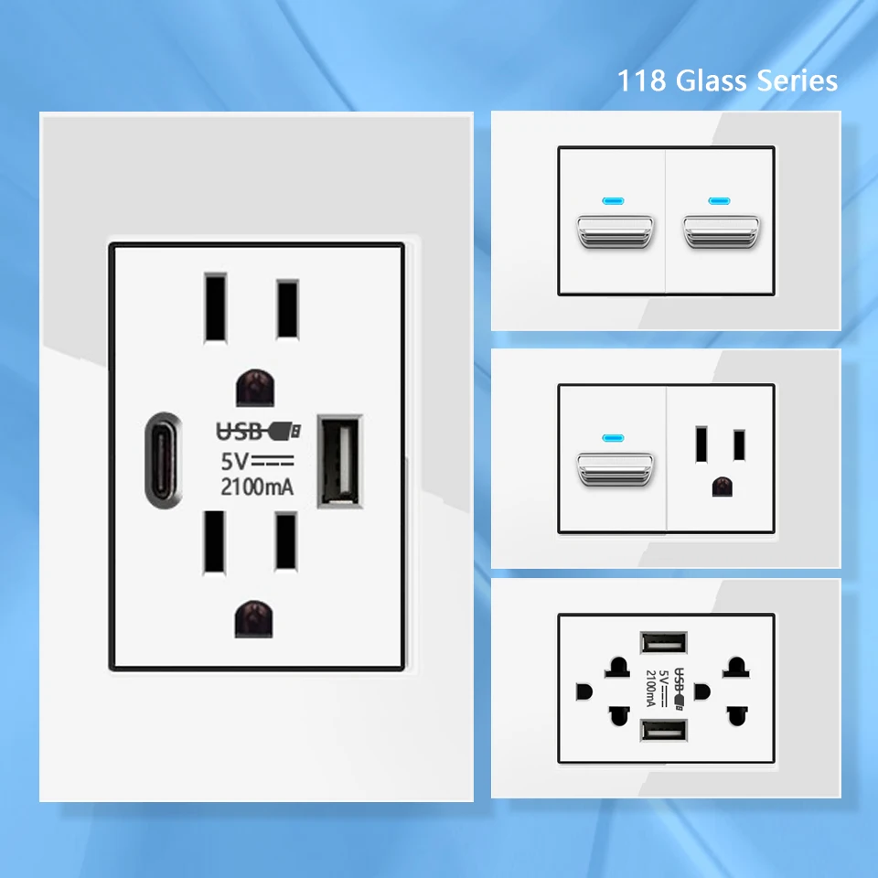 US Standard Panel Piano Light Electrical Switch,Mexico Thai White Glass Wall Power Outlet USB Type C Quick Charger Socket Plug