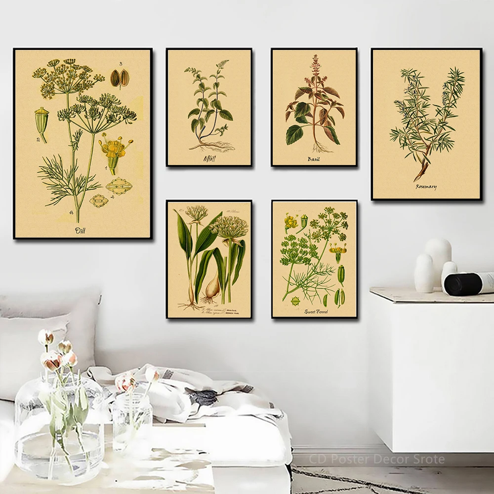 Culinary Herbs Poster Prints Flower Herbal Botanical Illustrations Kraft Paper Vintage Room Home Kitchen Art Wall Decor Painting