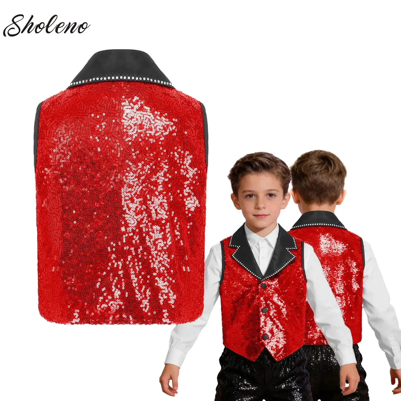 

Kids Boys Girls Jazz Hip Hop Dance Tops Party Stage Performance Costume Sparkling Sequins Modern Disco Vest Buttons Waistcoat