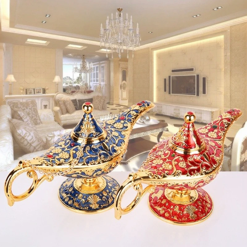 Vintage Retro Aladdin Magic Lamp Lamp Home Office Desktop Decoration Ornament Zinc Alloy Creative Craft Wishing Decor Gift