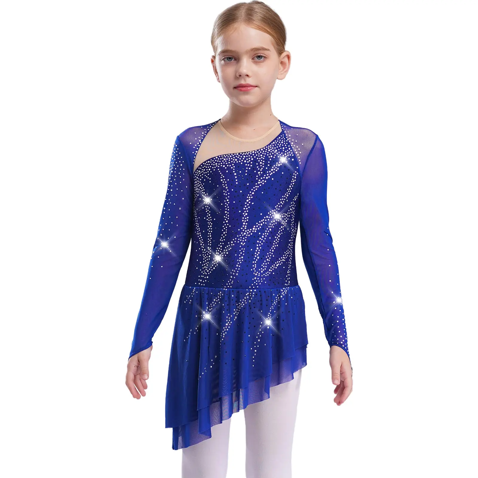 Kid Girls Modern Lyrical Dance Figure Skating Dress Sheer Mesh Long Sleeves Shiny Rhinestones Leotard Ballet Gymnastic Dancewear
