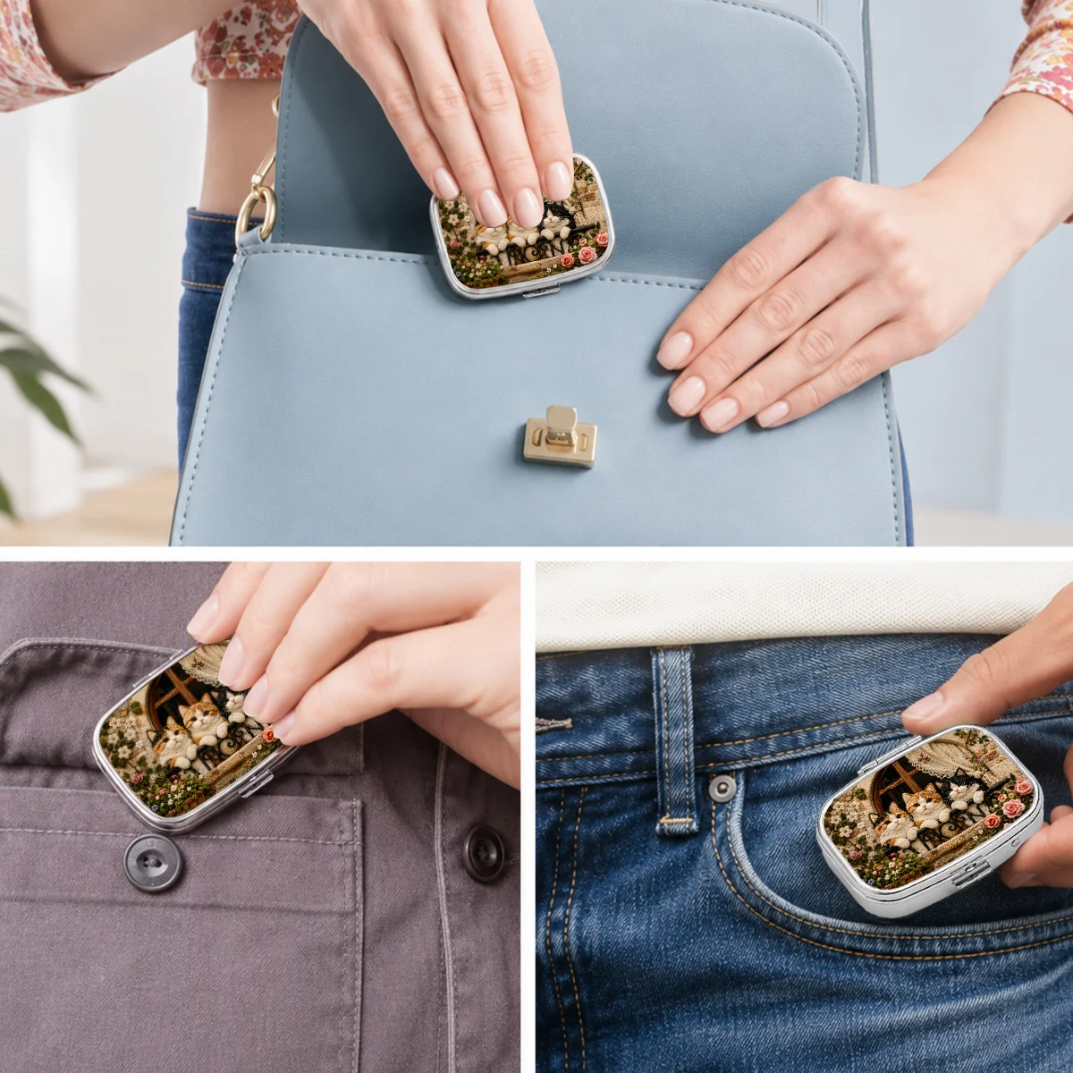 Embroidered Window-Sill Design with Three Cats and Floral Patterns, Portable Pill Box for Daily Travel, Square Moisture-Proof Small Pill Box, Multifunctional Storage Box for Vitamins and Supplements, Small Jewelry Organizer, Waterproof Pill Storage Box, Holiday Gifts, Souvenirs, Prizes, Small Gifts, Suitable for Personal Use or as an Exquisite Gift Choice
