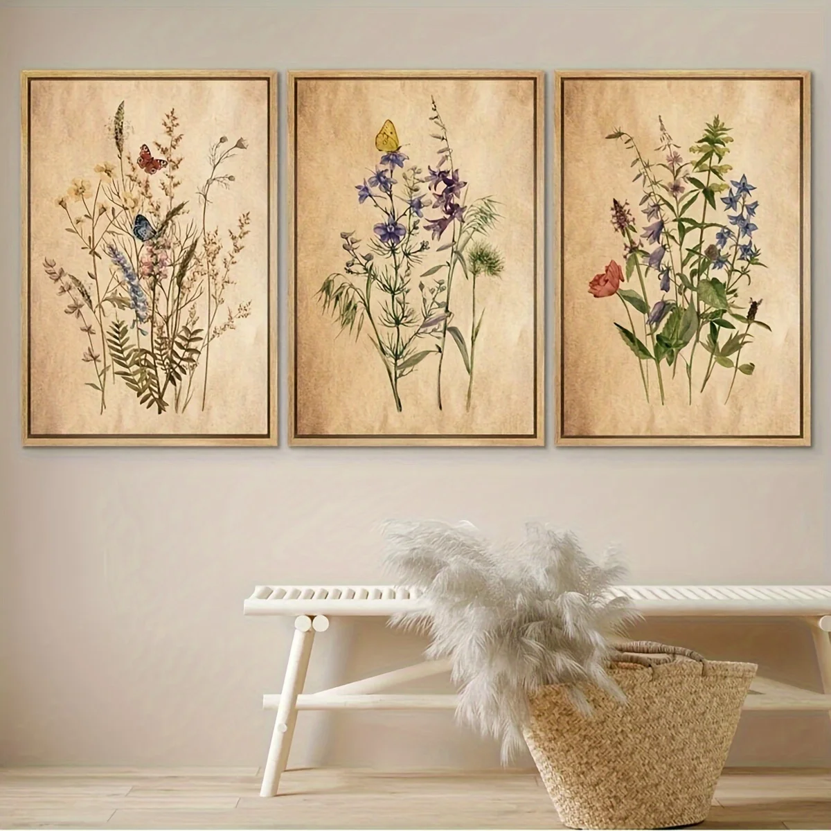 

3pcs Vintage Wildflower Canvas Art Set - Modern Floral & Botanical Prints, Frameless Wall Decor for Living Room, Bedroom, Office