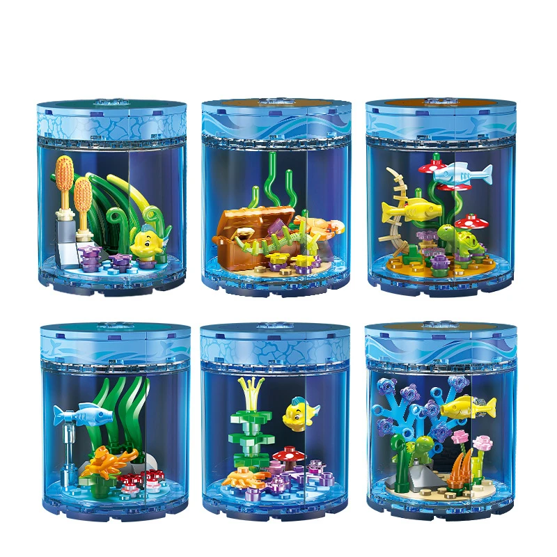 Animal Round Viewing Tank City MOC Building Blocks Marine Life Bricks Toys Kits Parrot Fish Lobster Turtle Compatible With LEGO