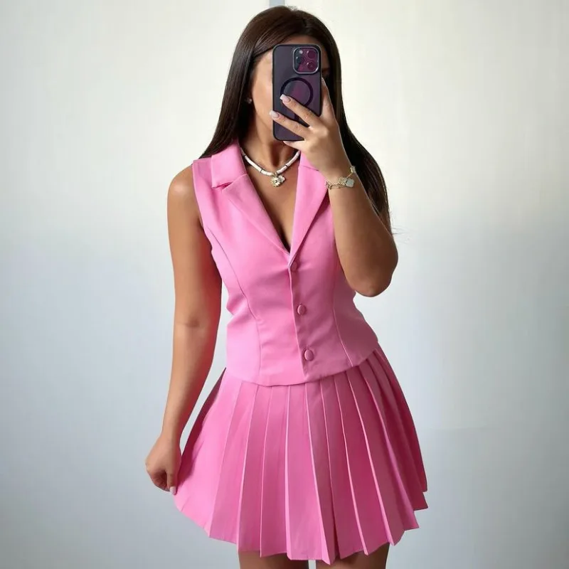 Preppy Sleeveless Blazer Crop Vest + Pleated Skirt Two Piece Set Elegant Women African Summer Office Casual Outfits Plus Size