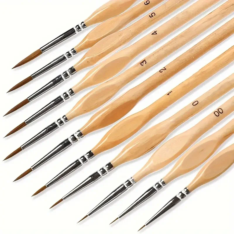 11pcs Premium Miniature Detail Paint Brush Set With Natural  Triangle Rod For Watercolor Oil Craft Models Line Drawing Great