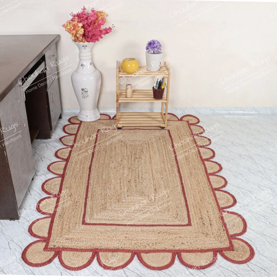 Indian Handmade Natural Jute Rugs Red Scalloped Braided Runner Carpet Home Decor Rugs for Bedroom