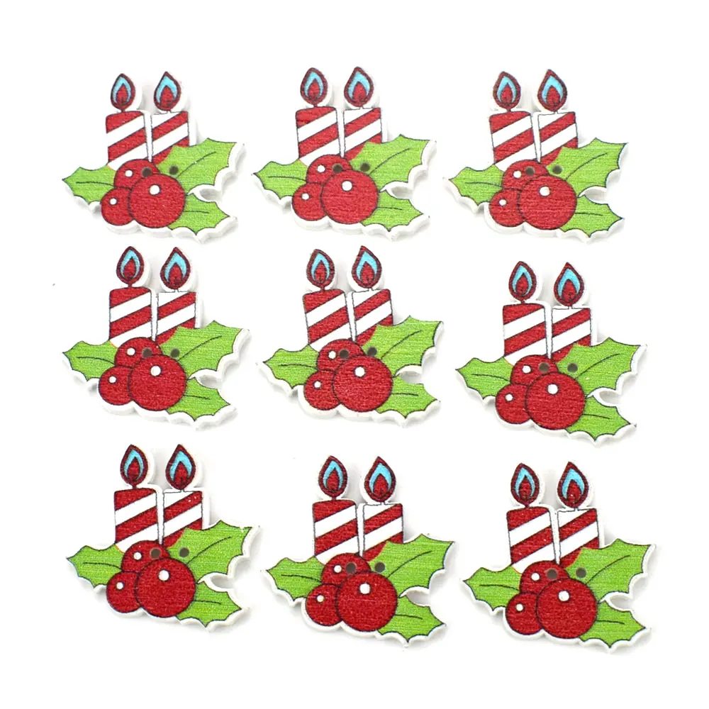 20pcs 27x27mm Christmas Wooden Buttons Scrapbooking DIY Craft 2 Hole Flatback Printing Cartoon Candle Sewing Button for Clothing