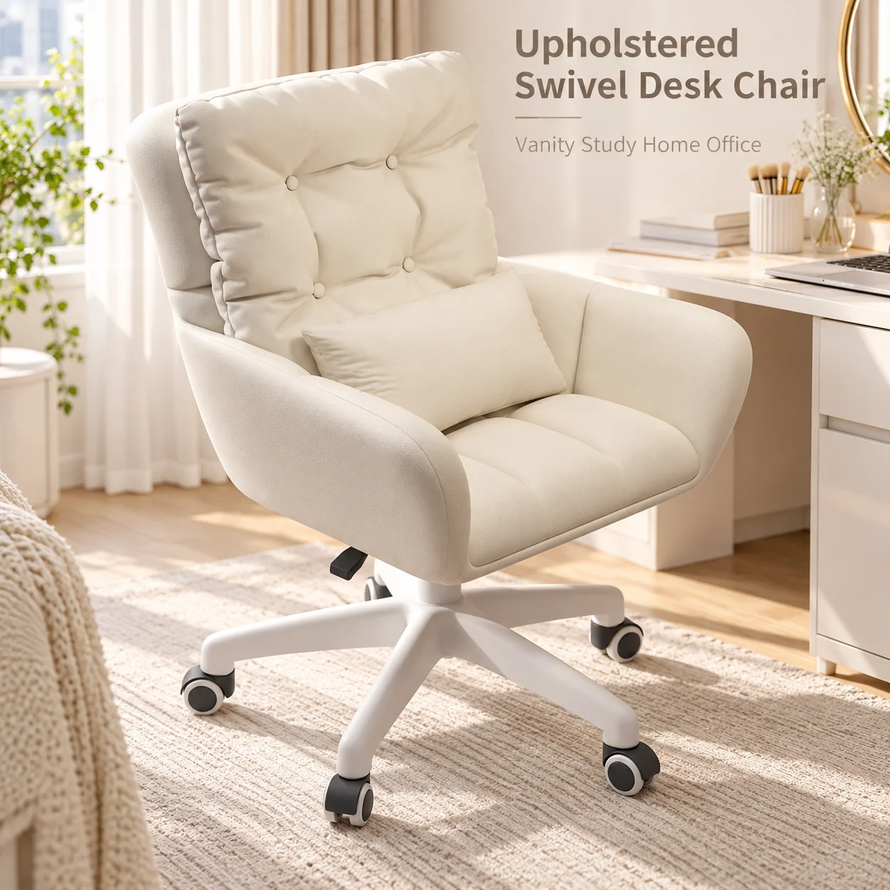 AOLIVIYA Vanity Makeup Chair Adjustable Height Swivel Upholstered Office Chair Computer Desk Chair With Wheels Lumbar Pillow