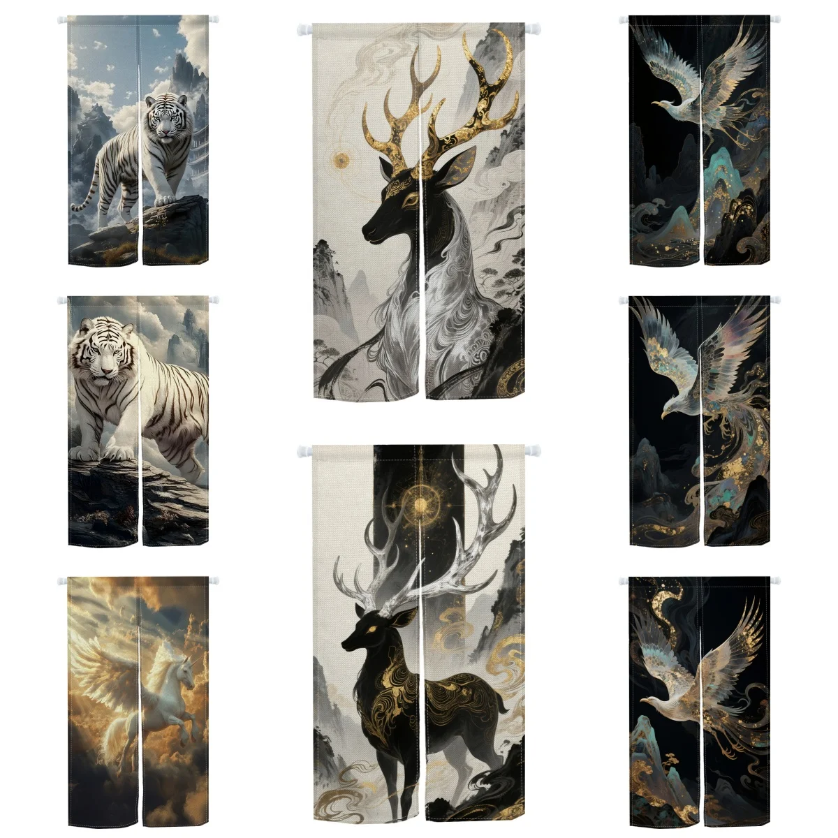 Chinese Auspicious Animal White Tiger Divine Deer Gold Cloud Design for Traditional Tea Room Decor Entrance Divider Door Curtain