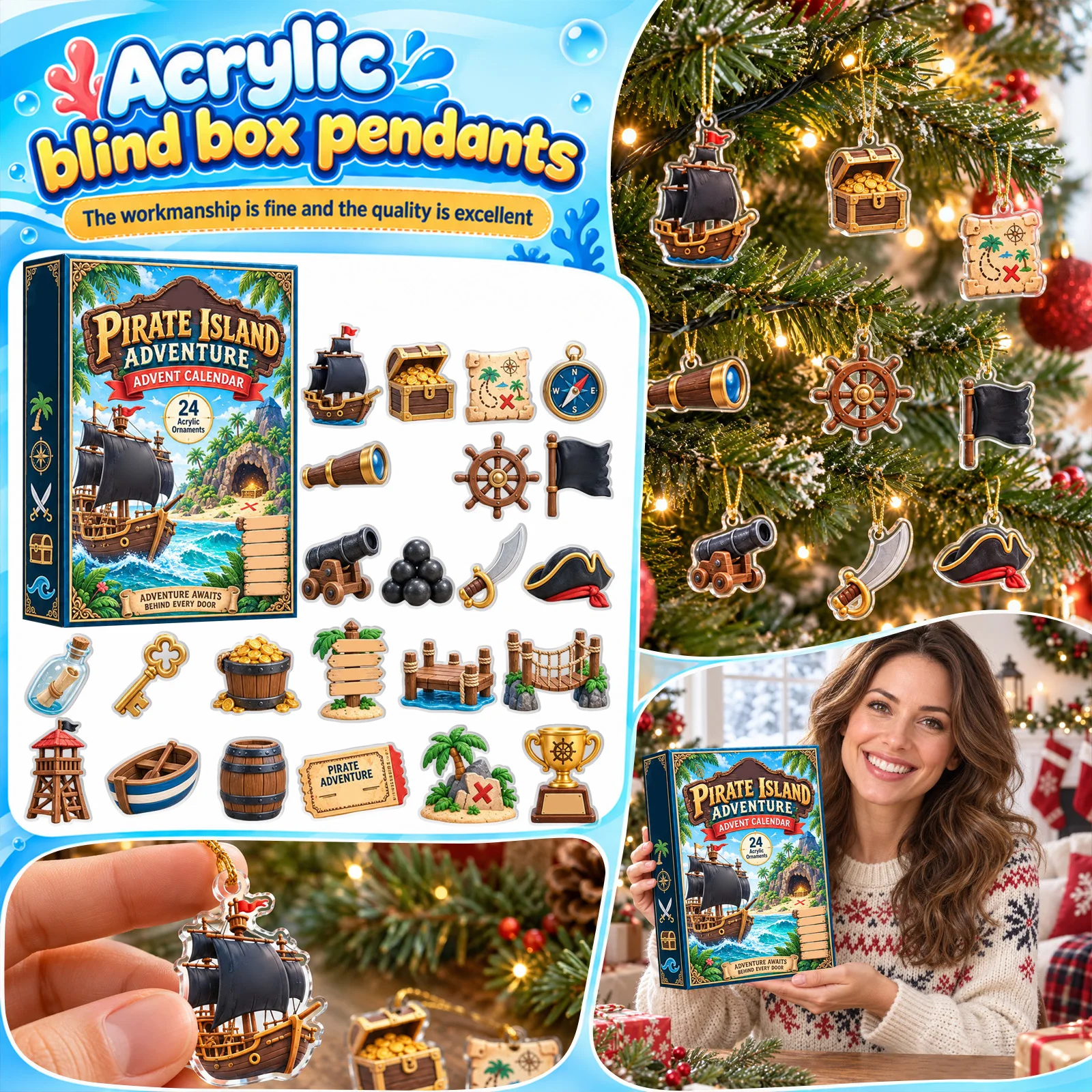 Pirate Island Advent Calendars 24 Pieces 2d Flat Acrylic Ornaments Holiday Countdown Collectible Christmas Countdown Gift
