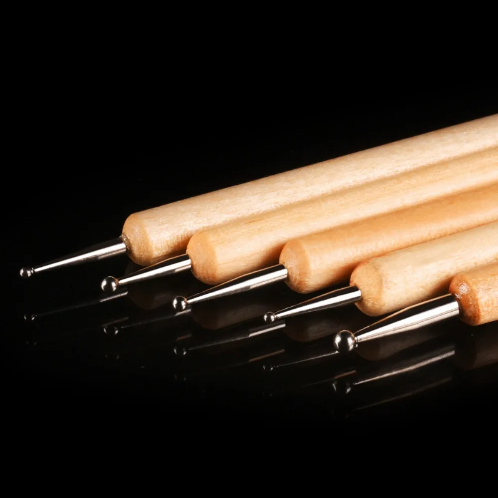 

5pcs Nail Point Drill Pen Wooden Pen Bar Stirring Nail Polish Draw Five Petals Flower Polka Dot Double Head Stainless Bar Pen