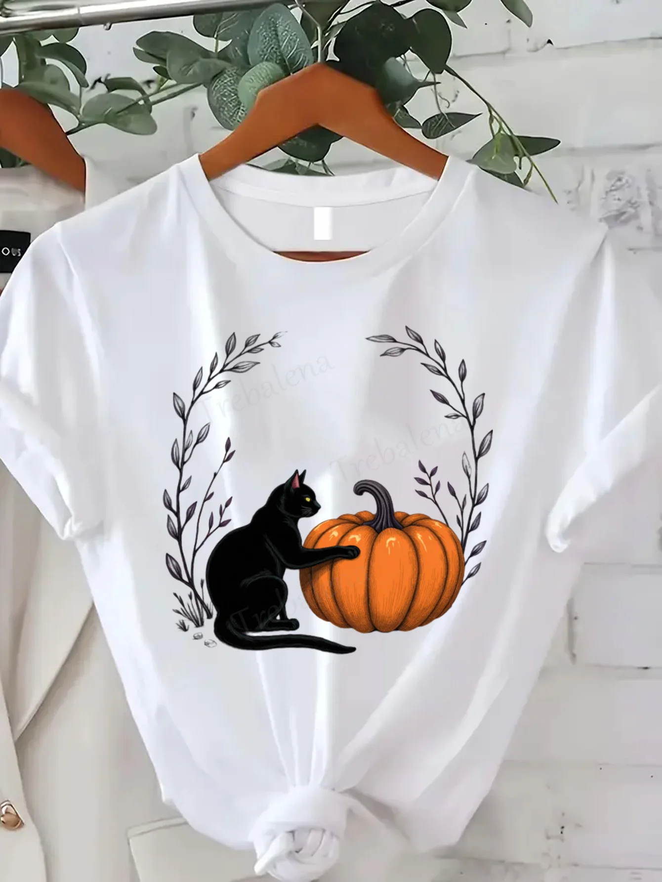 

Round Neck T-shirt Halloween Cat Pumpkin T-Shirt Women Plus Size Cute Autumn Top Short Sleeve Tee Fashion Casual Top