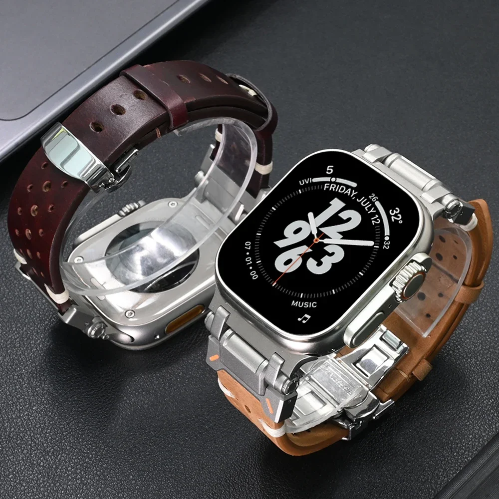 

Men Leather Bracelet for Apple Watch Ultra 2 49mm 46mm 44mm 45mm Luxury Band for Iwatch Series 10 9 7 8 6 5 4 SE Strap Watchband