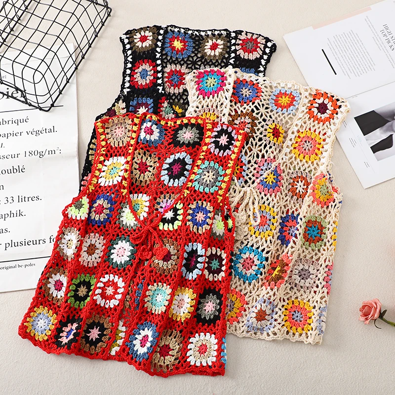 

Hand-Made Colorful Boho Vest Cardigan Women Summer Holiday Beach Ethnic Sleeveless Cover-Up Jacket Korean Hollow Out Crochet Top