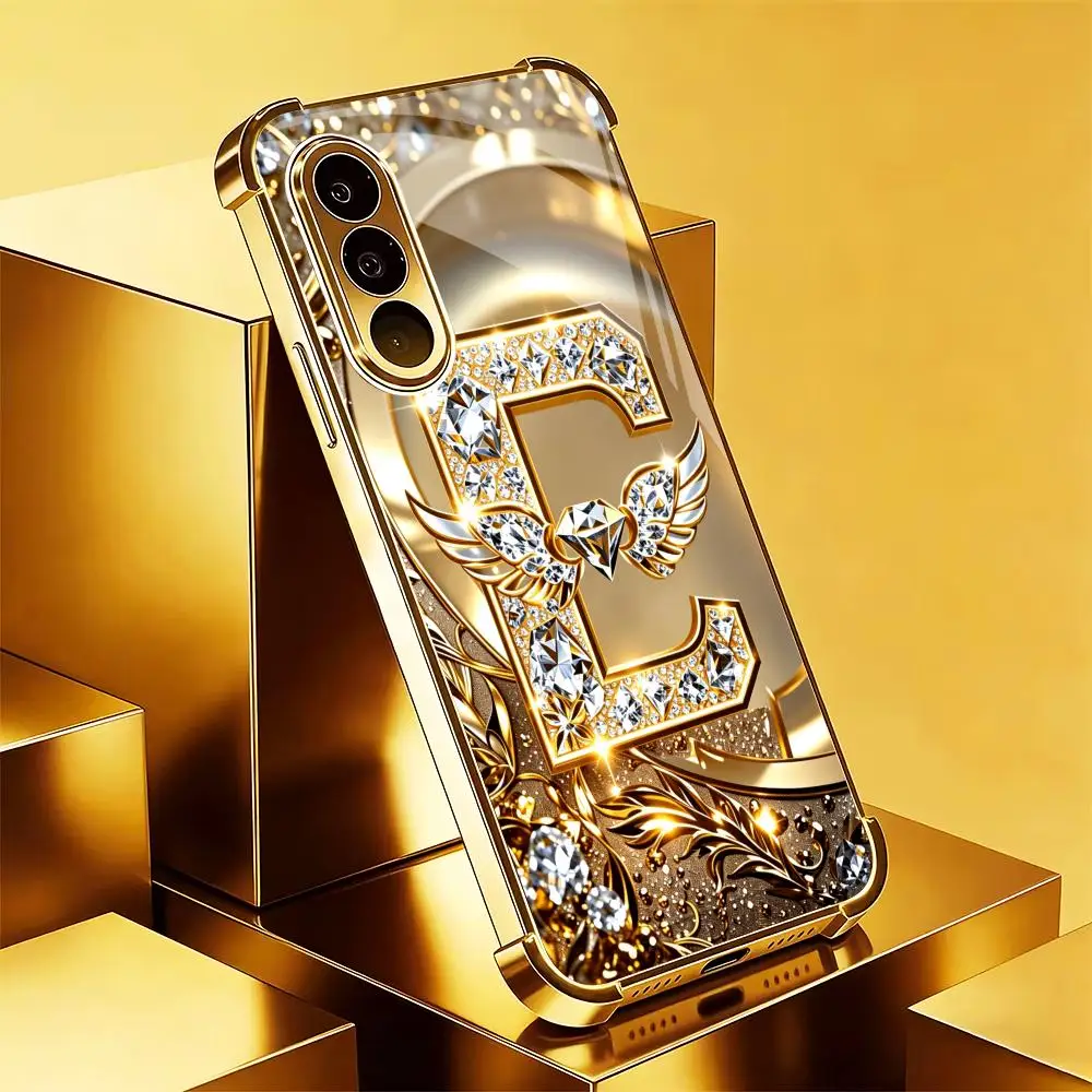 Golden letter E electroplated glass phone case suitable for Samsung Galaxy S26 S25 S24 S22 S21 S20 FE/Ultra/Plus anti drop