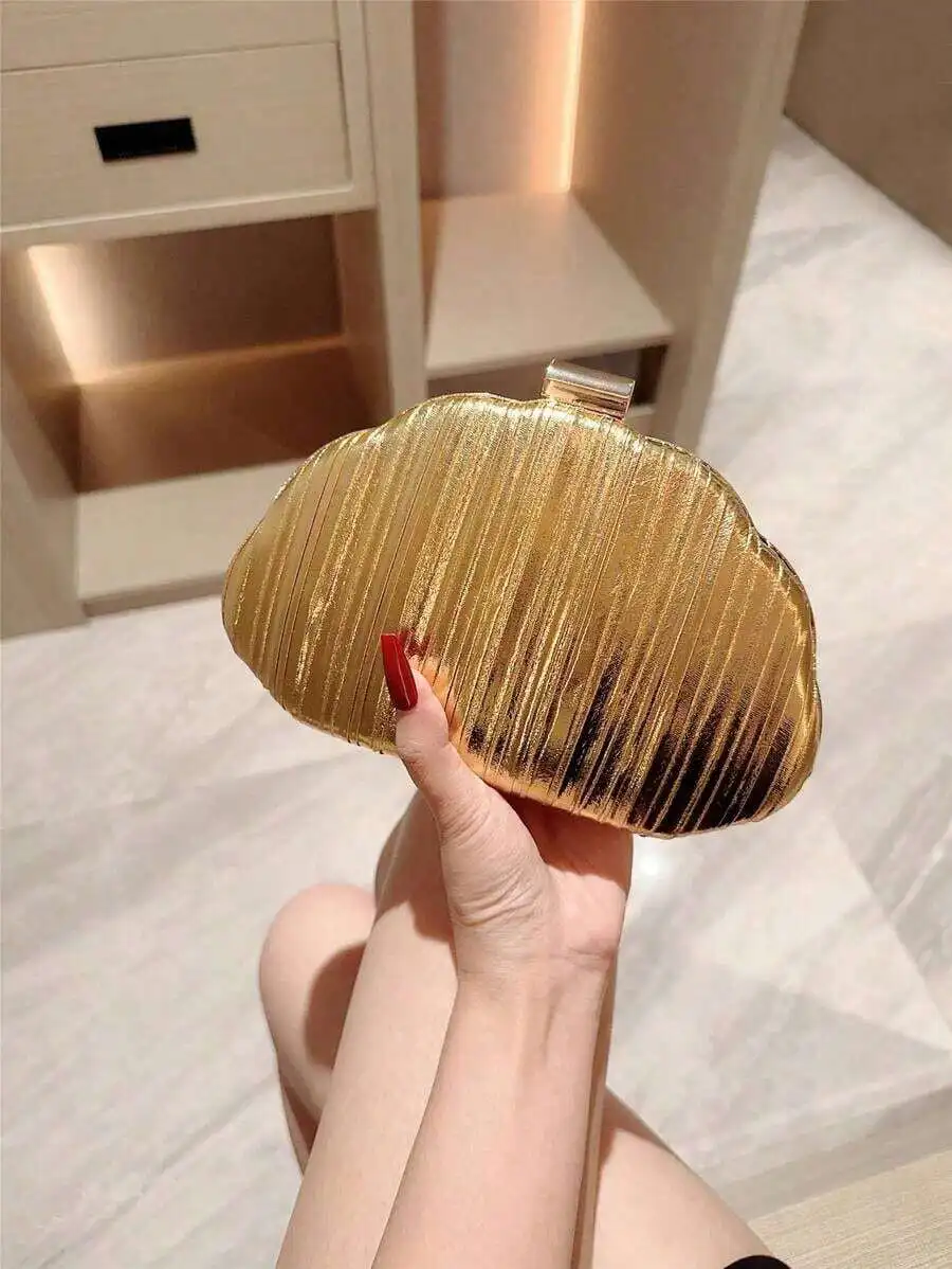 

Gold Shiny Pleated Box Clutch Evening Bag For Party Formal Wear Women