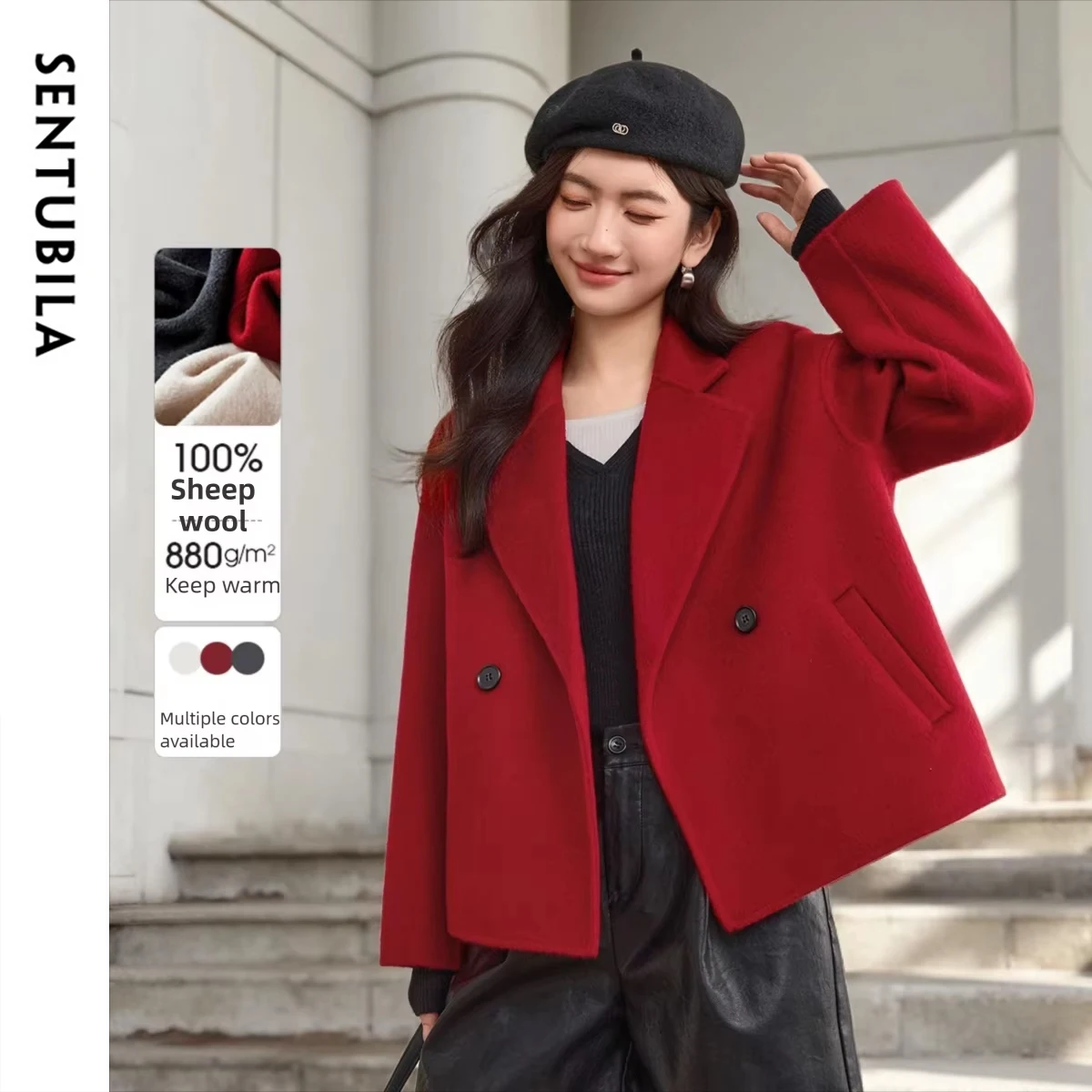 SENTUBILA Women's Wool Coats Solid Notched Long-sleeve Loose-fit Coats 2026 Winter New Double-Faced Wool Short Coat W54OA8777