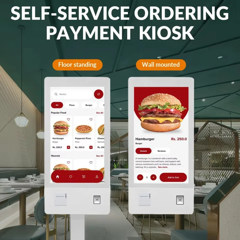 32-Inch interactive digital signage kiosk for self-service ordering and payment systems in restaurants and cafeterias
