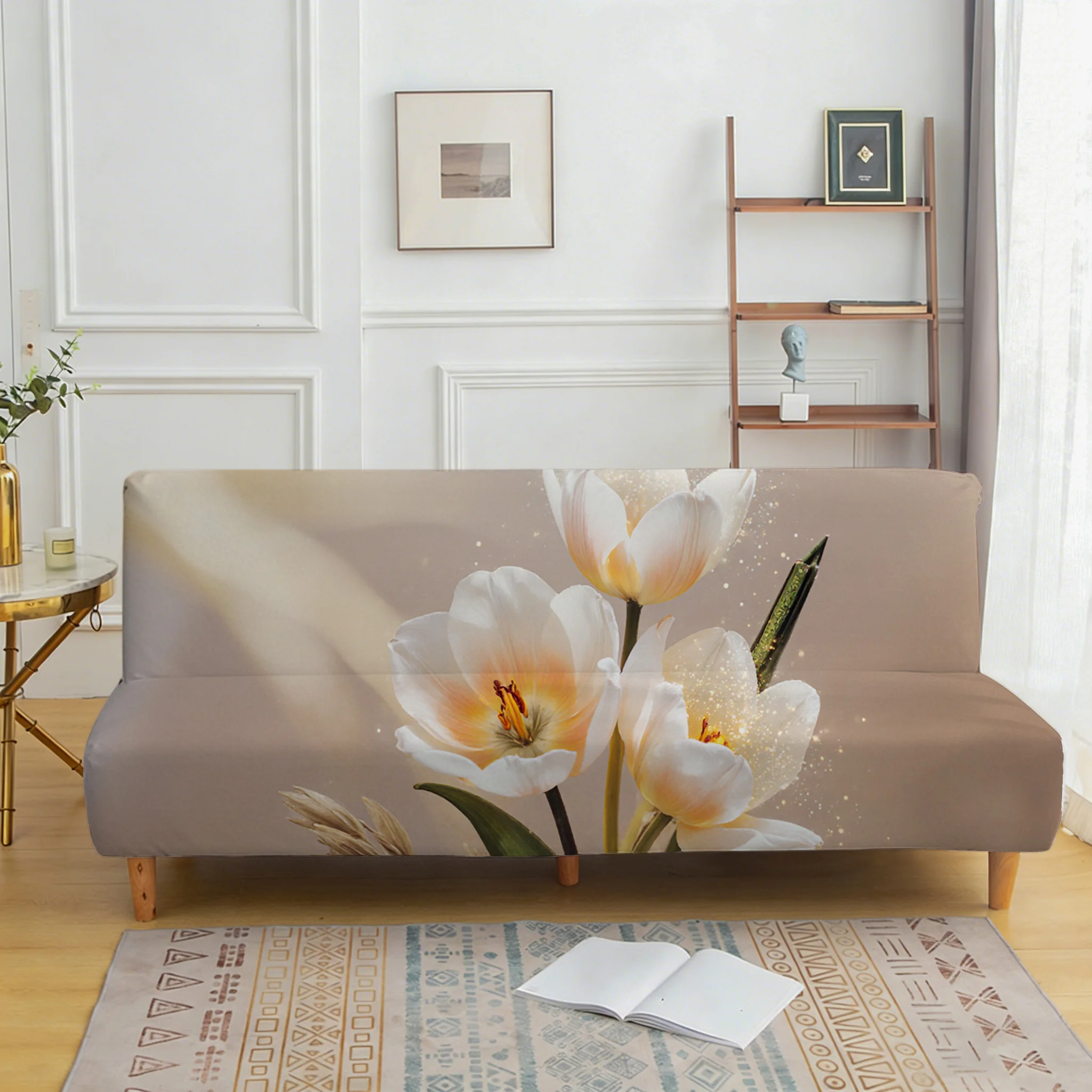 Warm coffee tulip wheat ear elastic sofa bed cover, living room sofa bed cover, dustproof machine washable sofa bed cover