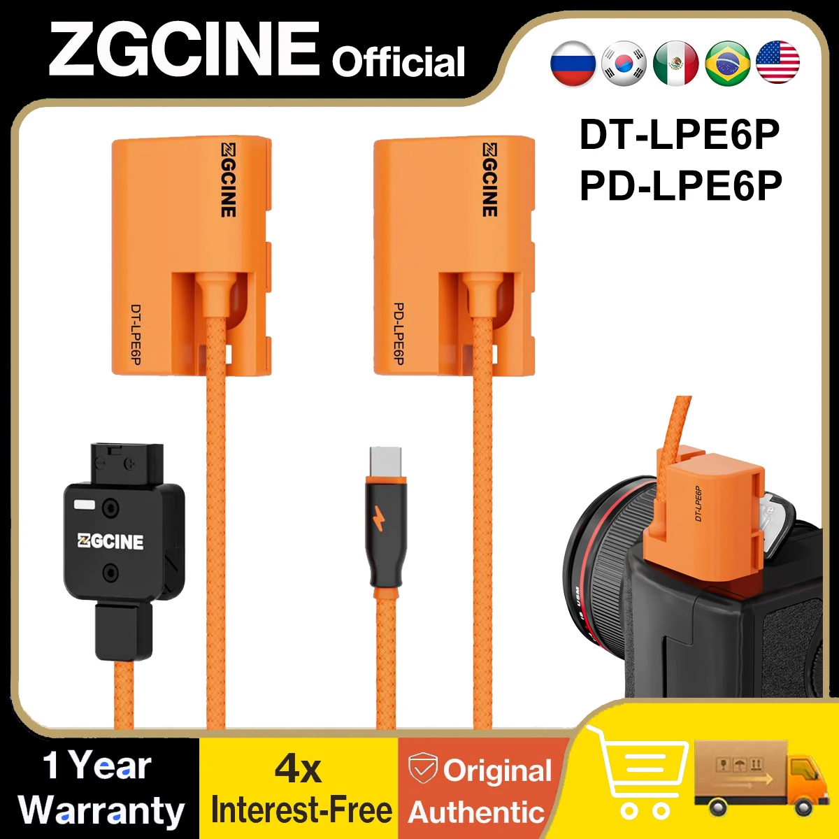 ZGCINE D-Tap & USB-C PD to LP-E6P LP-E6NH Dummy Battery Cable for Canon R5 R5C R6 R6II R7 R8 RP 5D4 6D2 90D 80D 7D Mark II