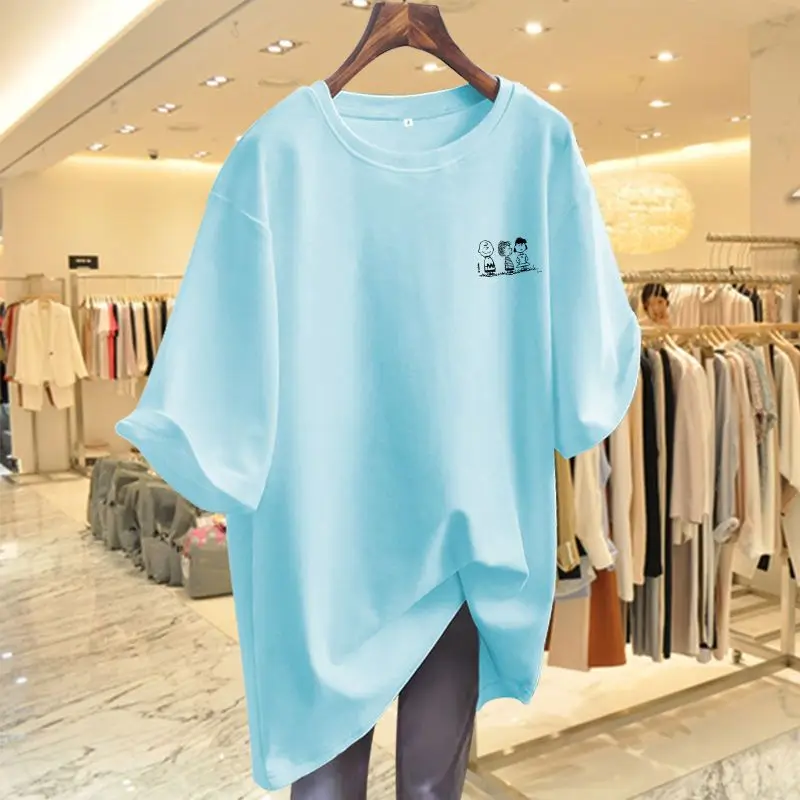 Women Cotton  Loose T-shirt Female Short Sleeve Basic Solid Simple Pullovers Summer Tops