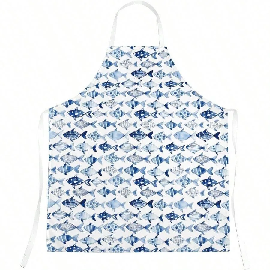 

Blue Fish Coastal Beach Aprons Women, Fish Lover Gifts, Ocean Nautical Beachy Waterproof Apron Cooking Kitchen Dishwashing Baki