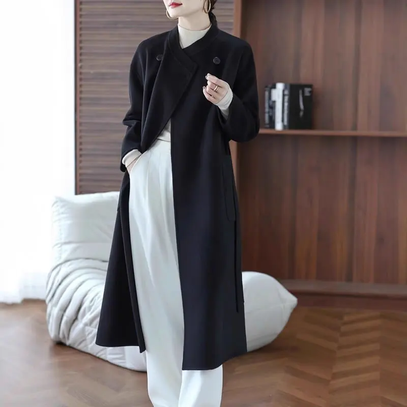 Women's Thick Double-Sided Woolen Coat Autumn Winter 100% Pure Wool round Neck Belted Loose Fit for Casual Wear