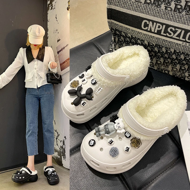 Cartoon Doll Fleece-lined Porous Shoes Women Winter New Closed Toe Cotton Slippers Removable Thick Bottom Increased Non-Slip ...