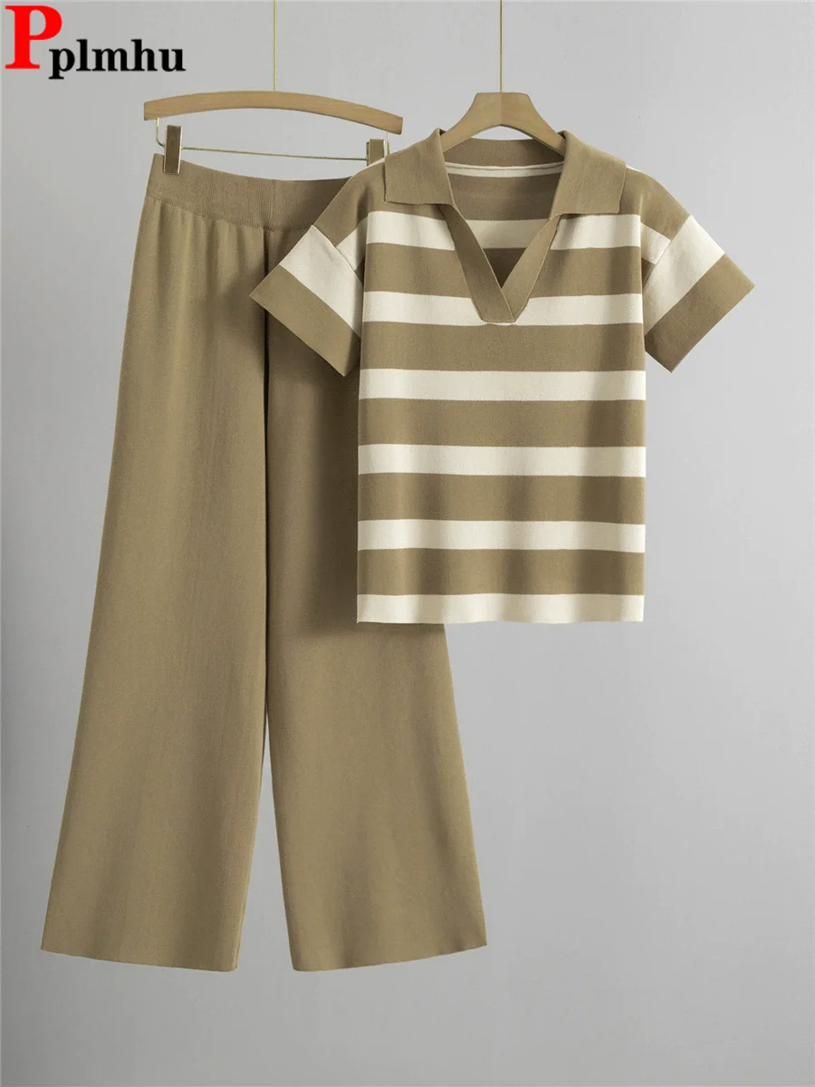 

Summer Thin Fashion Knitted 2 Piece Sets Women V-neck Striped Design T-shirt Tops Conjuntos High Waist Wide Leg Pants Outfit New