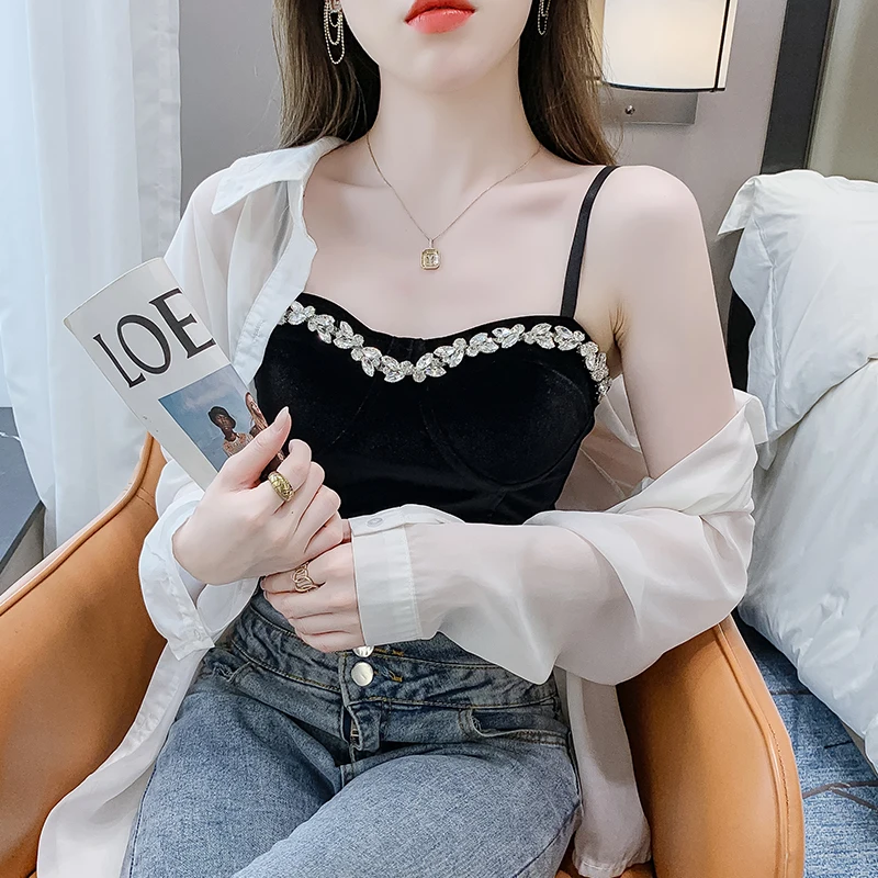 Fashion Shining Diamond Luxury Women Tank Tops Black velvet Sexy Crop Top High Street Banquet Nightclub Female Top Vest