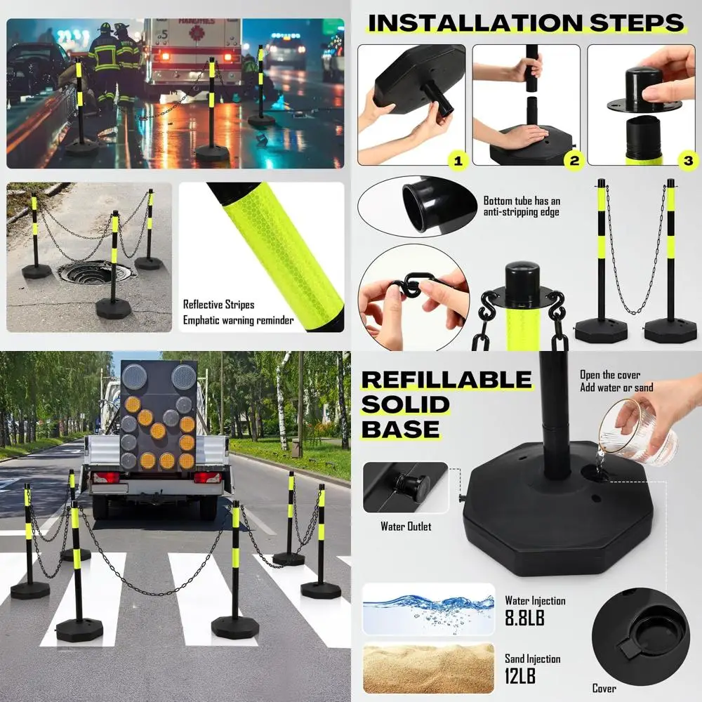 

Набор из 12 дорожных столбиков-ограничителей (34 шт.) с зелеными светоотражающими полосами и цепью 5T для безопасности на стройплощадках и парковках