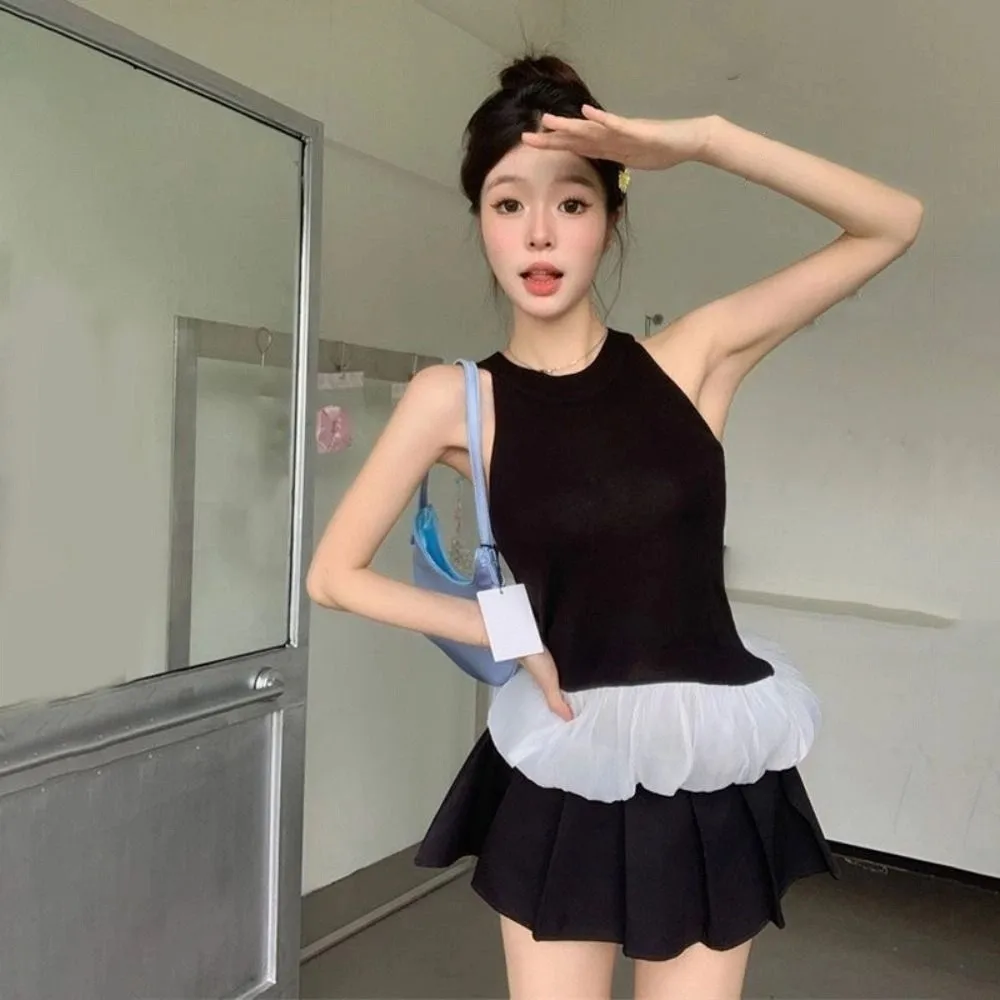

Cute Slim Fit Sleeveless Crop Top Spicy Girl Style Irregular Mesh Ruffle Camisole Vest Halter Camisole Women Lady