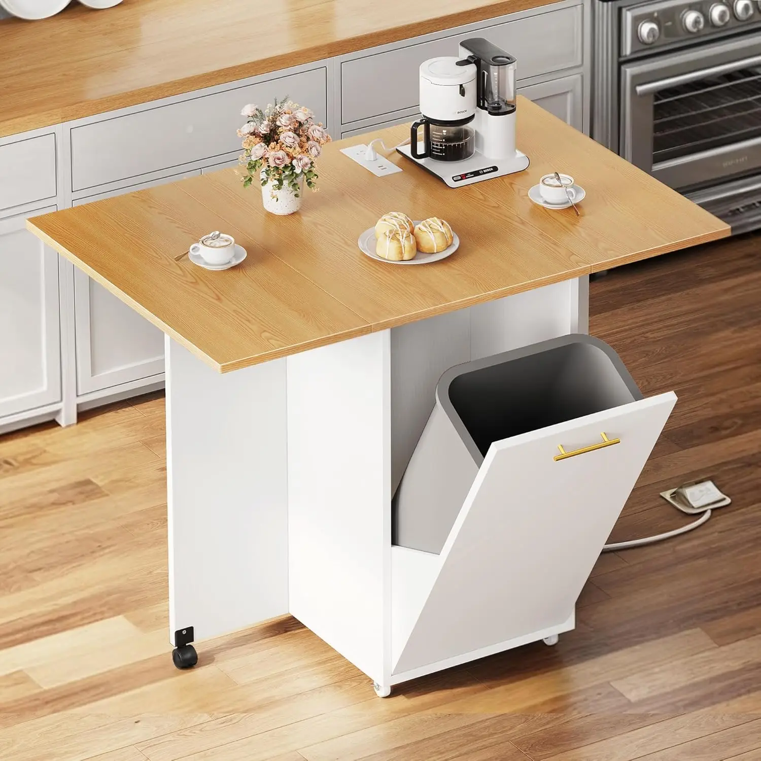 Folding Kitchen Table with Outlet, Drop Leaf Island on Wheels, Trash Cabinet for 10 Gal Bin, White Oak, Customized