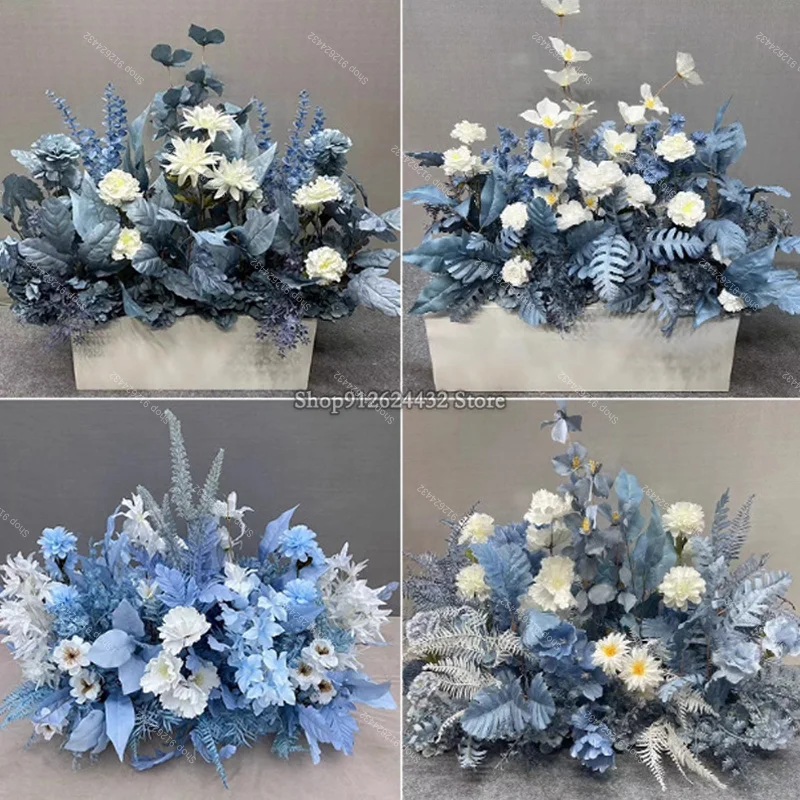 فاخر أزرق أبيض روز الطابق زهرة الاصطناعي شنقا زهرة صف الزفاف خلفية ديكور ترتيب لأحداث الحفلات في الهواء الطلق #3