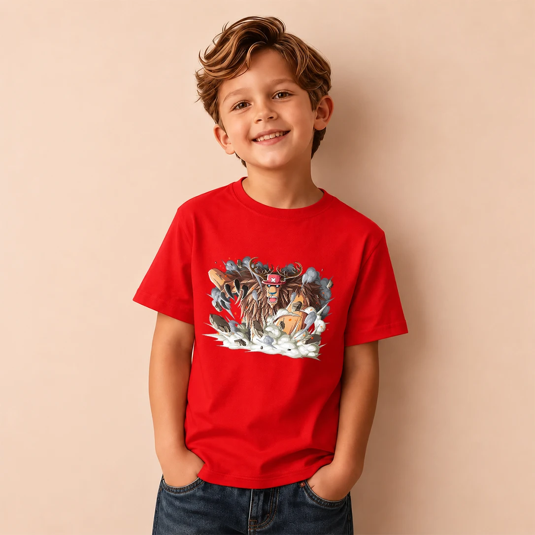 Kids T‑Shirt One Piece Tony Tony Chopper Monster Form Battle Print Short Sleeve Casual Tops Boys Girls Anime Children Daily Wear