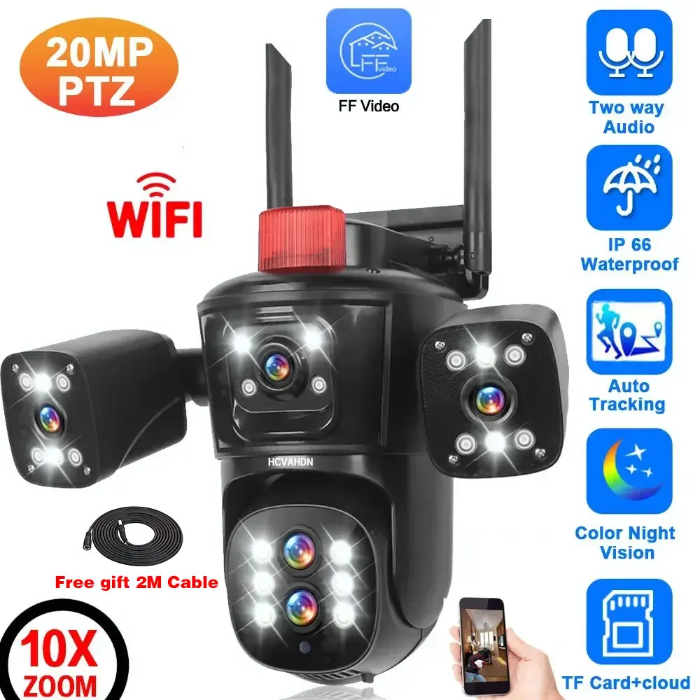 20MP Four Screens WiFi IP Camera Wireless Outdoor 10X Optical Zoom Five Lens PTZ Auto Tracking Waterproof CCTV Security Camera