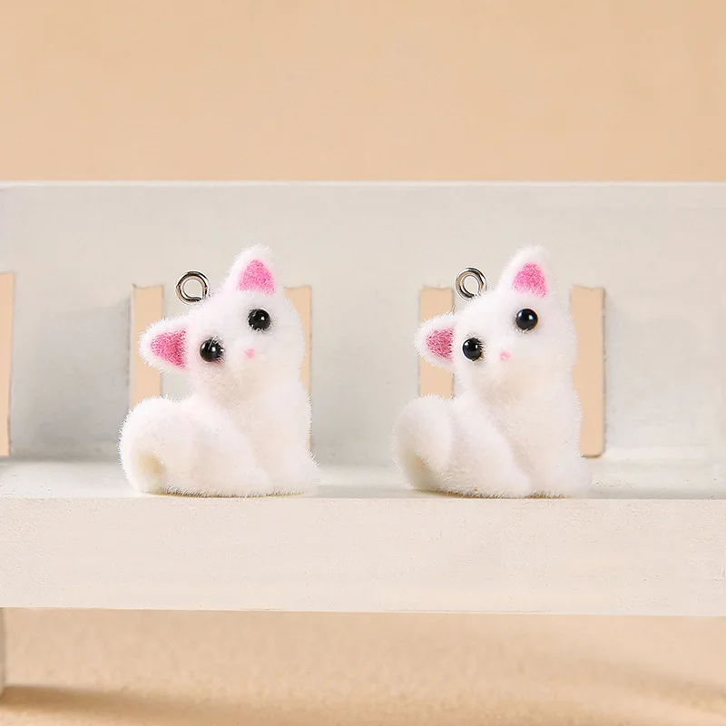 20Pcs 3D Flocking Resin Cute Fox Charms Mini Cartoon Plush Animal Fox Charms For Phone Keychain Earrings DIY Crafts Jewelry Make
