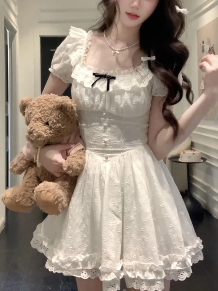 

Korean Sweet Dress Women Fashion Lace Patchwork Bow Mini Dress Summer New Preppy Chic White Puff Sleeve Slim A Line Vestidos