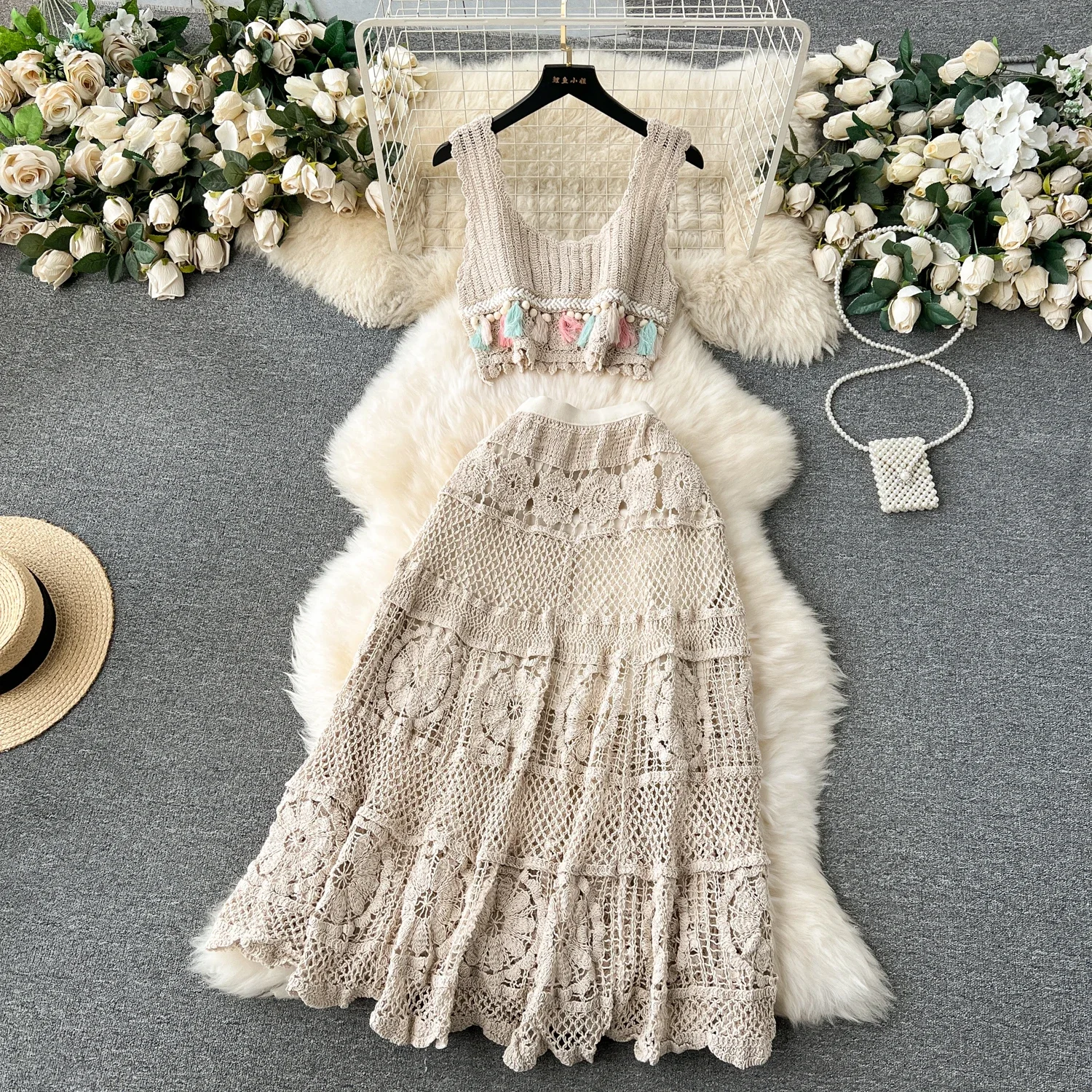 

Women Two Pieces Sets Sleeveless off Shoulder Top Elegant High Waitst Elastic waist A-line Skirt French Fashion Autumn Sets