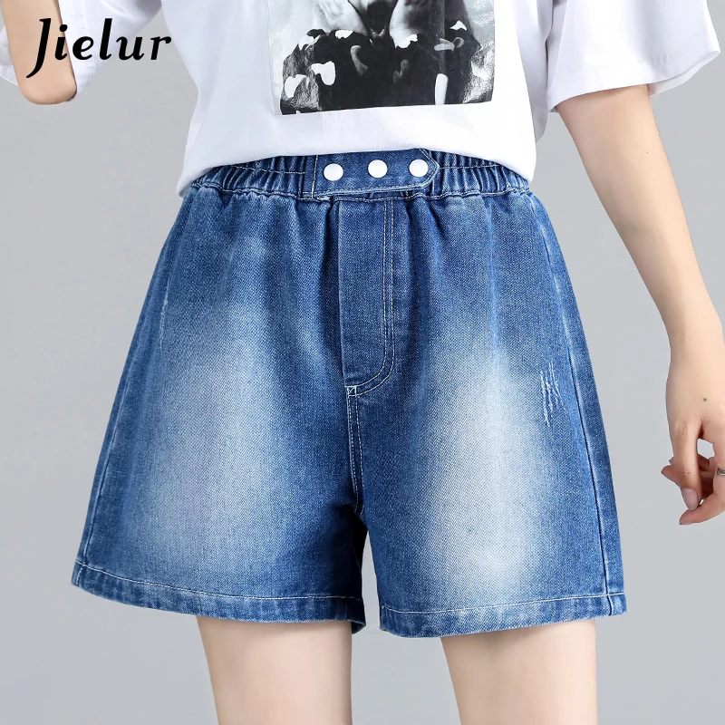 

Washed Ripped Elastic Waists Jeans Women High Waist Blue Denim Shorts Female Summer New Korean Style Fashion Casual Shorts S-5XL