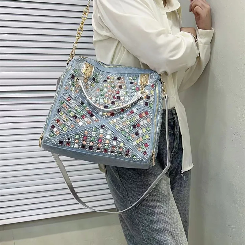 Denim colored diamond shoulder messenger bag casual luxury design tote bag Bag women 2024 new women\'s bag