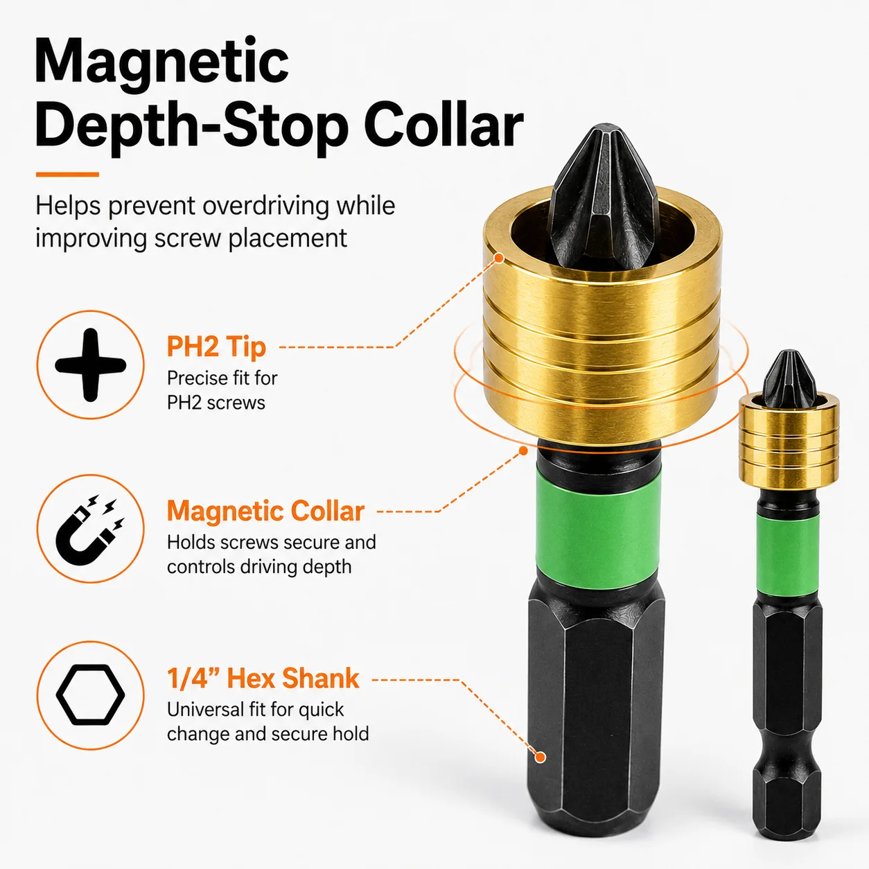 Rafford PH2 Magnetic Drywall Screwdriver Bits 50mm Depth Stop Collar 1/4