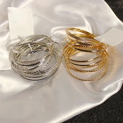 12PCS/SET Silver Gold Color Metal Alloy Big Circle Bracelet Bangles Sets for Women Girls Punk Bracelet Jewelry 6.8CM